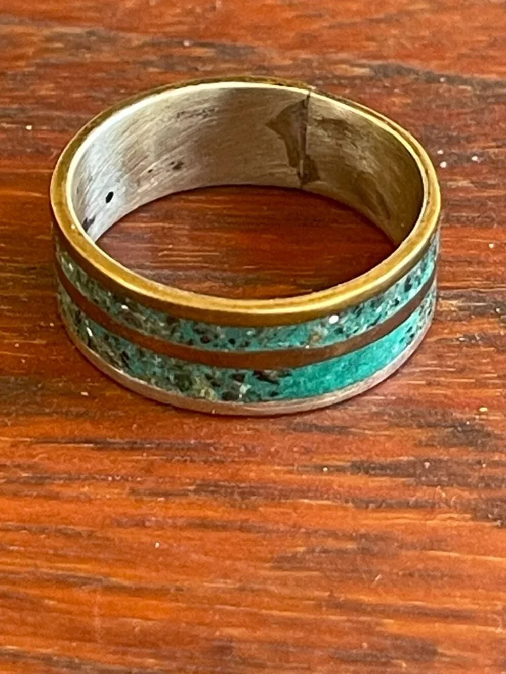Vintage Sterling Silver Chipped Turquoise Inlay Taxco Mexico Band Ring - 8.5